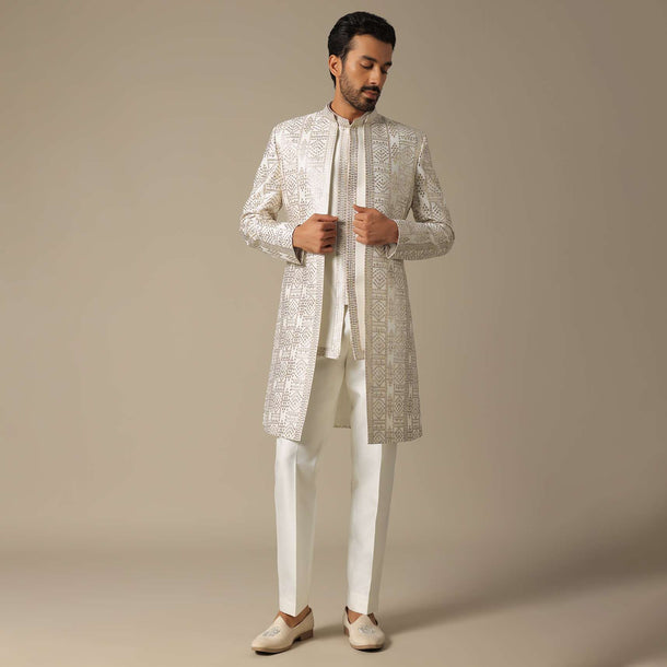 Elegant White Silk Indowestern Set