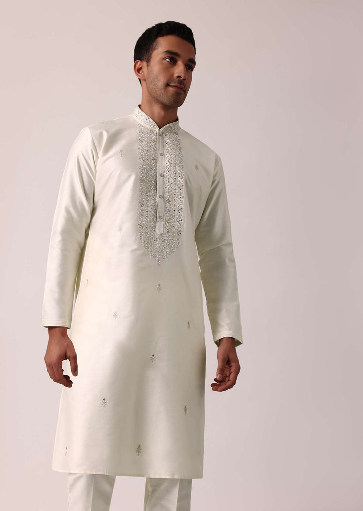 Elegant White Silk Kurta Set With Hand Embroidery