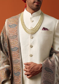 Elegant White Silk Sherwani Set With Pure Silk Pashmina Dupatta