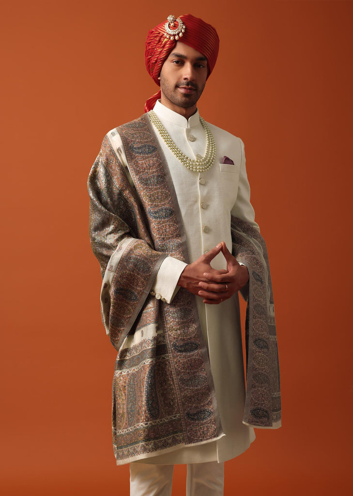 Elegant White Silk Sherwani Set With Pure Silk Pashmina Dupatta