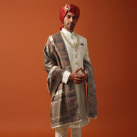 Elegant White Silk Sherwani Set With Pure Silk Pashmina Dupatta