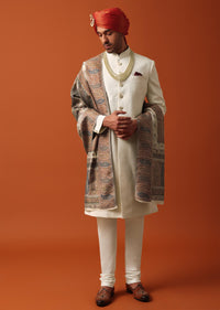 Elegant White Silk Sherwani Set With Pure Silk Pashmina Dupatta