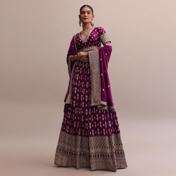 Elegant Wine Crepe Lehenga Set With Zardosi Choli And Heavy Dupatta