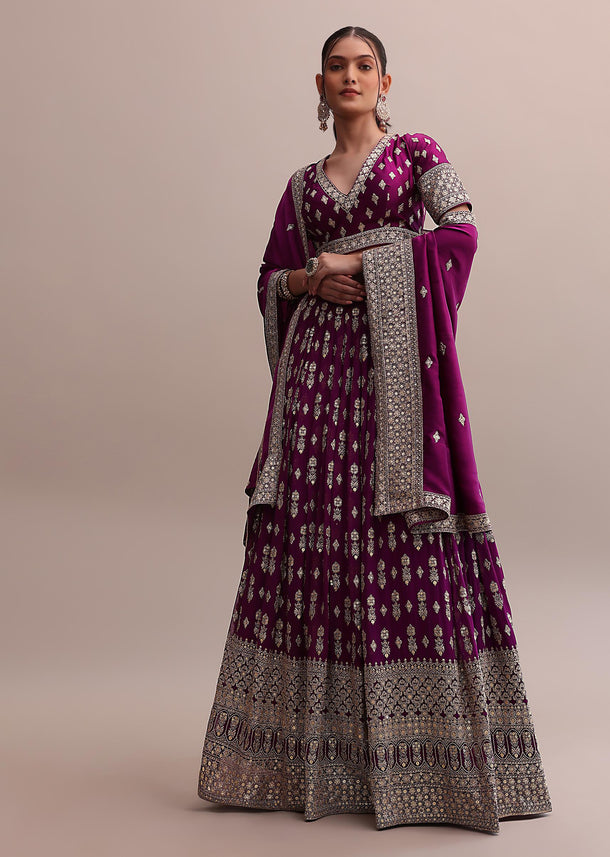 Elegant Wine Crepe Lehenga Set With Zardosi Choli And Heavy Dupatta