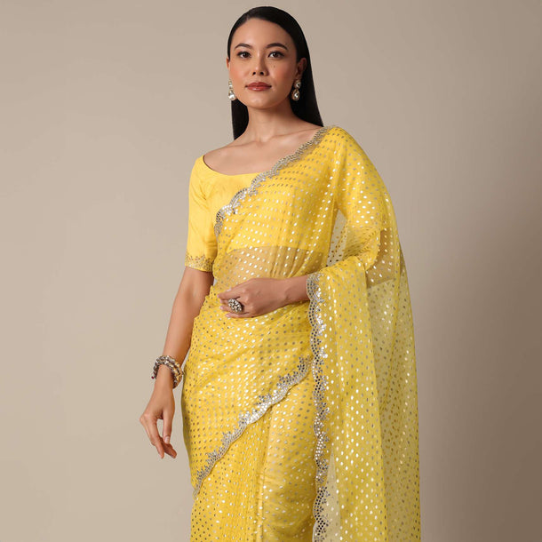 Elegant Yellow Saree With Mirror Scallop Border