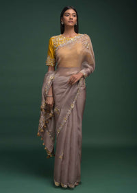 Elephant Grey Saree In Organza Silk With Thread, Mirror And 3D Flowers On The Border Online - Kalki Fashion