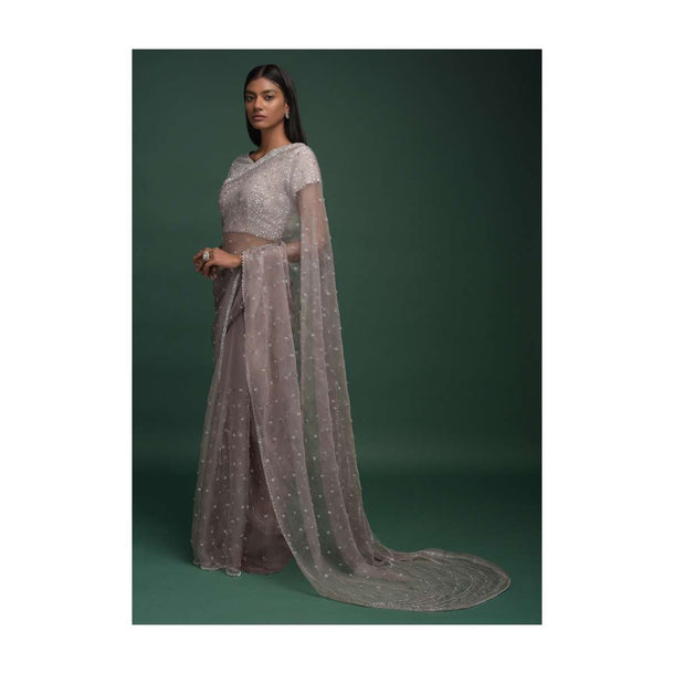 Elephant Grey Saree In Organza With Sequins And Beas Embellished Buttis And Curved Pallu Online - Kalki Fashion