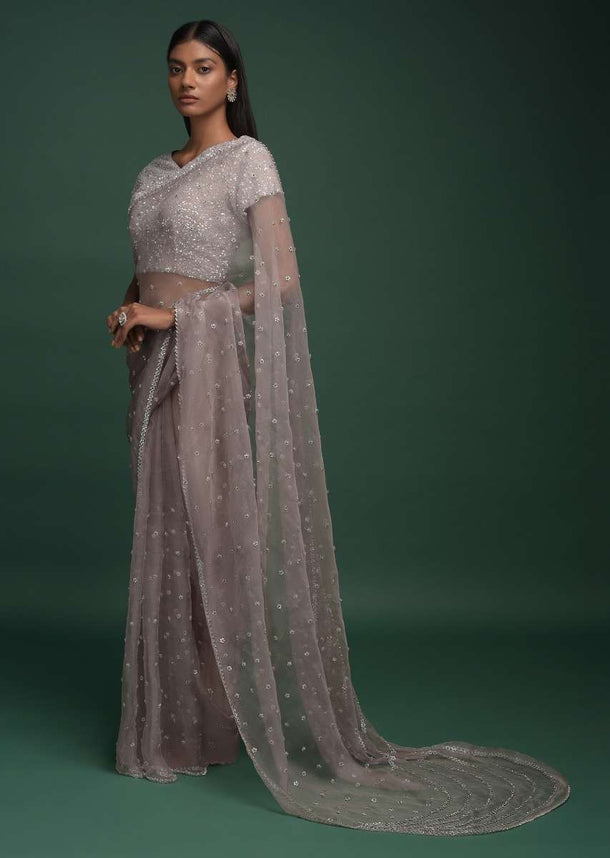 Elephant Grey Saree In Organza With Sequins And Beas Embellished Buttis And Curved Pallu Online - Kalki Fashion