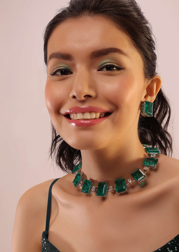 Emarald Green Stone Studded Silver Chocker & Earrings Set