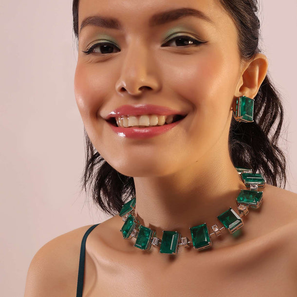 Emarald Green Stone Studded Silver Chocker & Earrings Set