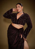 Embroidered Wine Velvet Blazer Blouse With Tassels And Draped Skirt