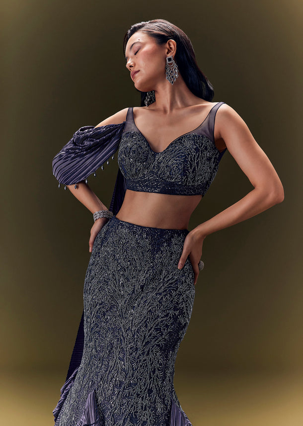 Embroidered Bodice Lehenga With Puff Sleeves Cape