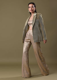 Embroidered Jacket And Drape Skirt With Grey Blouse