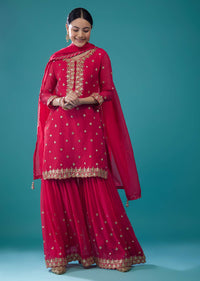 Embroidered Valentine Red Georgette Sharara Set