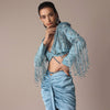 Blue Fish Cut Gathered Zardosi Draped Skirt And Tassel Jacket Set
