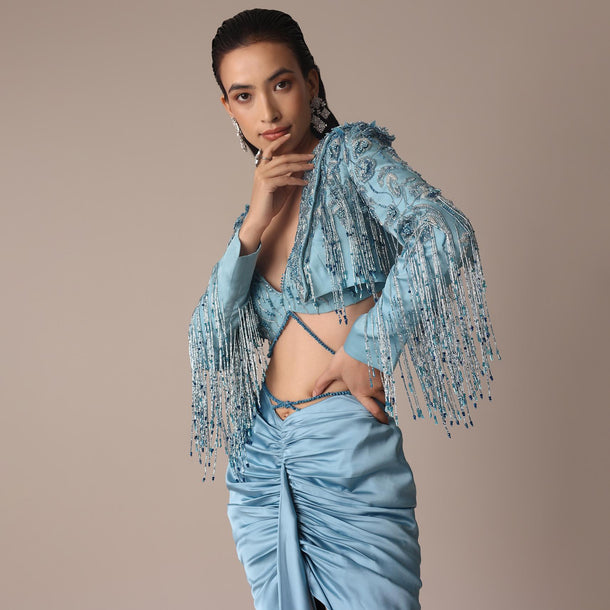 Blue Fish Cut Gathered Zardosi Draped Skirt And Tassel Jacket Set