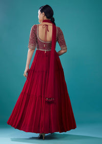 Embroidered Tiered Anarkali Suit In Scarlet Red
