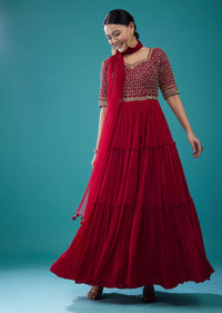 Embroidered Tiered Anarkali Suit In Scarlet Red