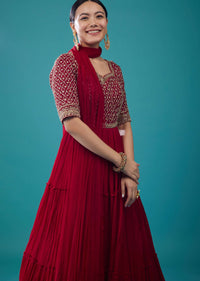 Embroidered Tiered Anarkali Suit In Scarlet Red