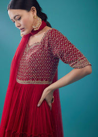 Embroidered Tiered Anarkali Suit In Scarlet Red