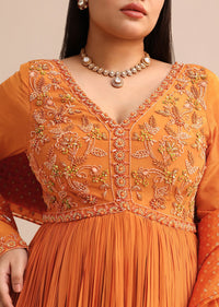 Embroidery Burnt Orange Anarkali Suit With Banarasi Organza Dupatta