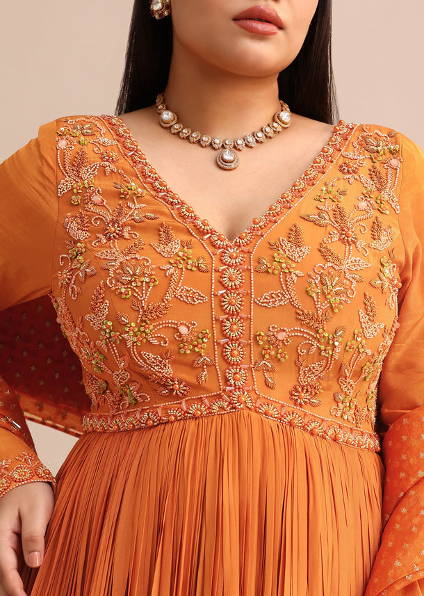 Embroidery Burnt Orange Anarkali Suit With Banarasi Organza Dupatta