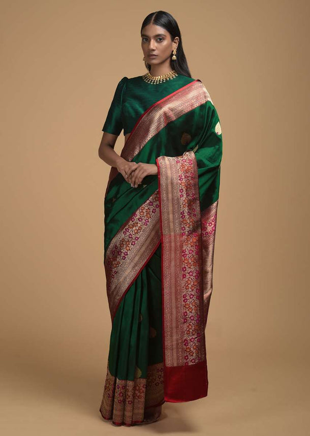 Emeral Green Pure Handloom Saree In Silk With Woven Leaf Shaped Buttis And Red Border Online - Kalki Fashion