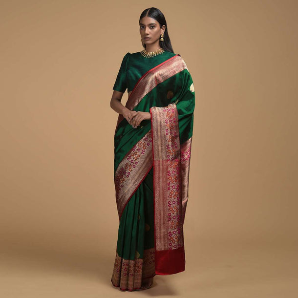 Emeral Green Pure Handloom Saree In Silk With Woven Leaf Shaped Buttis And Red Border Online - Kalki Fashion