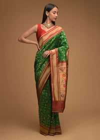 Emerald Green Banarasi Silk Saree With Brocade Border