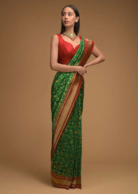 Emerald Green Banarasi Silk Saree With Brocade Border