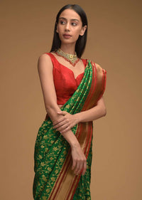 Emerald Green Banarasi Silk Saree With Brocade Border