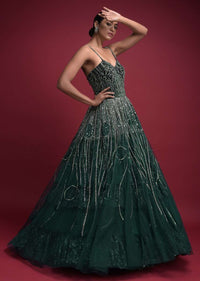 Emerald Green Corset Gown In Net With Velvet Bodice With Sequins Work In Geometric Pattern Online - Kalki Fashion