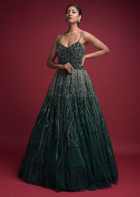 Emerald Green Corset Gown In Net With Velvet Bodice With Sequins Work In Geometric Pattern Online - Kalki Fashion