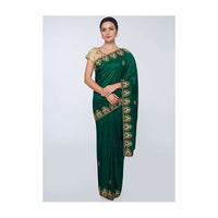 Emerald green  cotton silk saree in embroidered butti and border only on Kalki