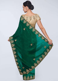 Emerald green  cotton silk saree in embroidered butti and border 