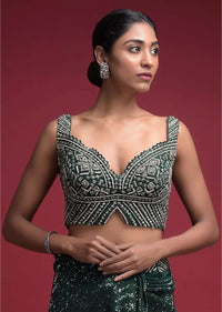 Emerald Green Crop Top In Net Heavily Embellished With Cut Dana Work In Geometric Pattern