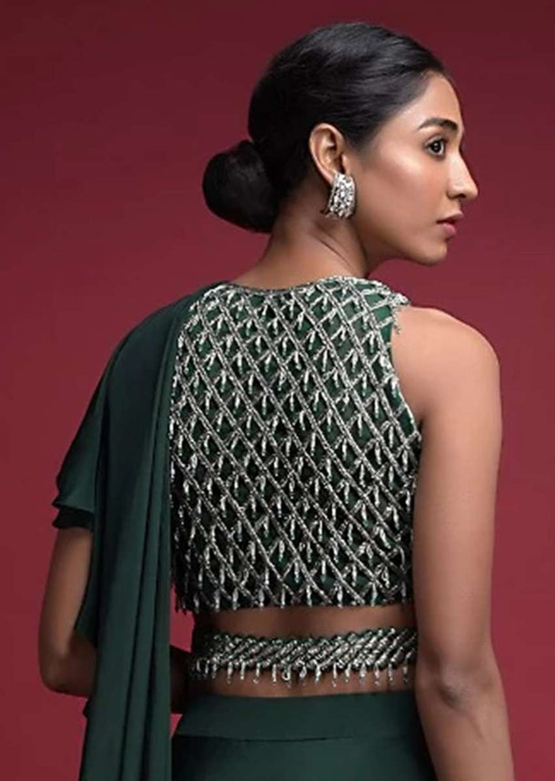 Emerald Green Crop Top With Cut Dana Embellished Checks And Bead Tassels