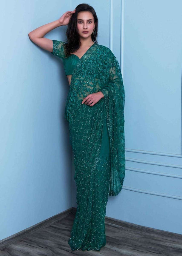 Emerald Green Saree In Hard Net With Heavy Jaal Embroidery Online - Kalki Fashion