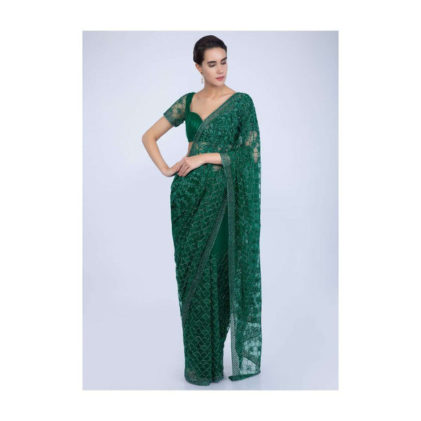 Emerald Green Saree In Hard Net With Heavy Jaal Embroidery Online - Kalki Fashion