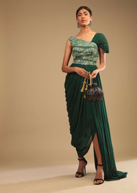 Emerald Green Indowestern Gown With A Hand Embroidered Bodice And A One Sided Cowl Drape Online - Kalki Fashion