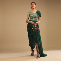 Emerald Green Indowestern Gown With A Hand Embroidered Bodice And A One Sided Cowl Drape Online - Kalki Fashion