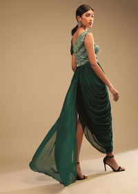 Emerald Green Indowestern Gown With A Hand Embroidered Bodice And A One Sided Cowl Drape Online - Kalki Fashion