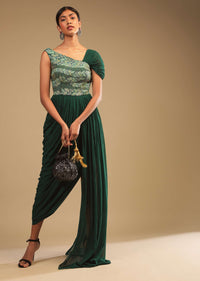 Emerald Green Indowestern Gown With A Hand Embroidered Bodice And A One Sided Cowl Drape Online - Kalki Fashion
