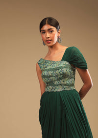 Emerald Green Indowestern Gown With A Hand Embroidered Bodice And A One Sided Cowl Drape Online - Kalki Fashion