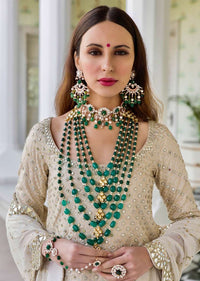 Emerald Green Layered Necklace With Beads And Kundan Centre Piece By Prerto