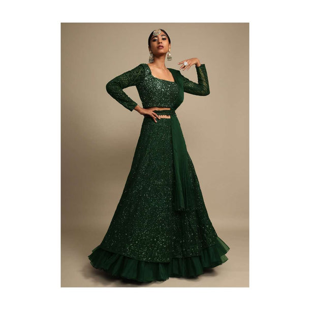 Emerald Green Lehenga Choli With Sequins Work And Organza Frill Online - Kalki Fashion