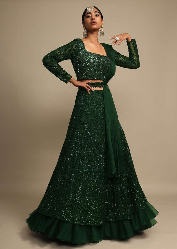 Emerald Green Lehenga Choli With Sequins Work And Organza Frill Online - Kalki Fashion