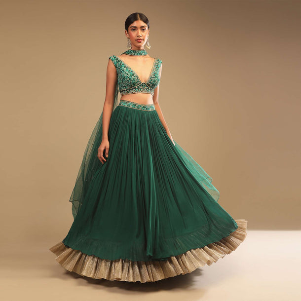 Emerald Green Lehenga In Georgette With A Plunging Neck Crop Top Featuring Floral Hand Work And Choker Dupatta