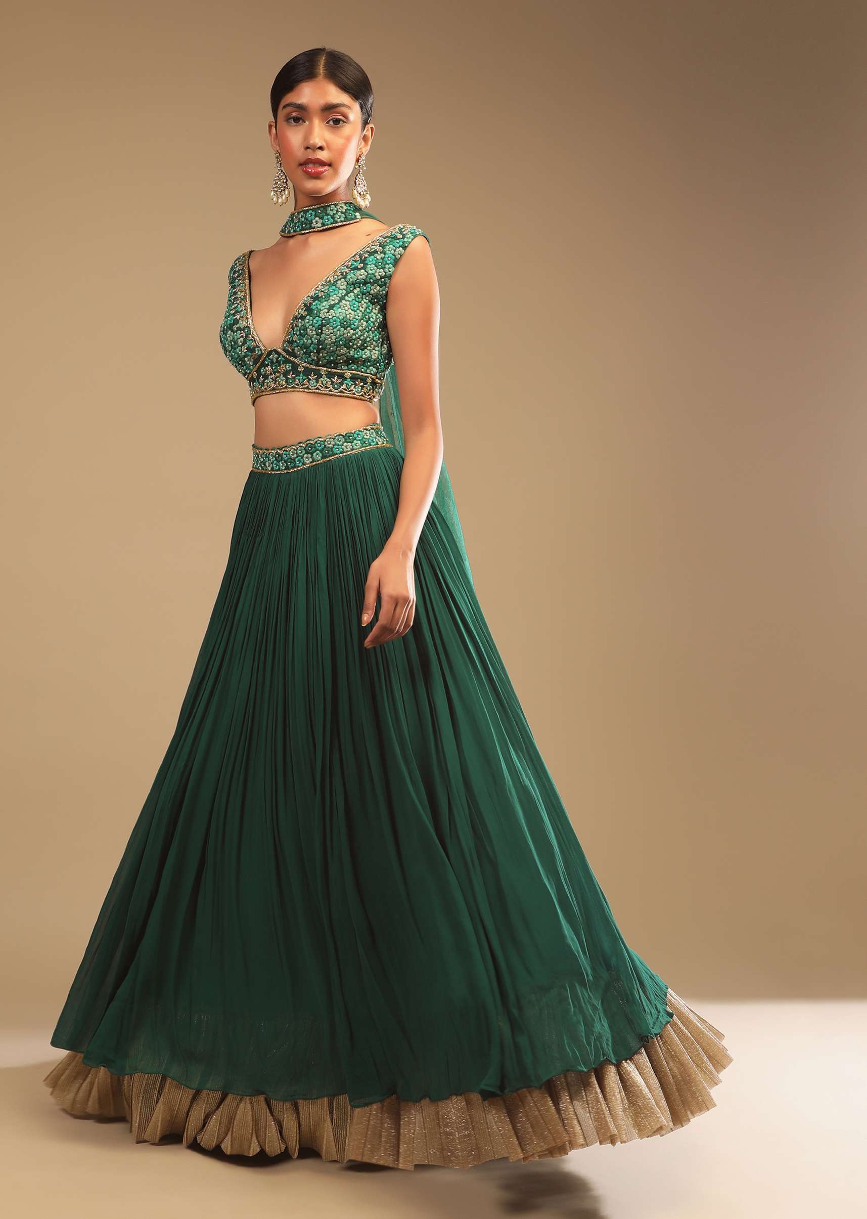 Emerald Green Lehenga In Georgette With A Plunging Neck Crop Top Featuring Floral Hand Work And Choker Dupatta