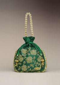 Emerald Green Potli Bag In Satin Or Raw Silk With Zardosi Embroidery In Floral Design